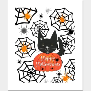 BLACK Cat Halloween With Spiders Posters and Art